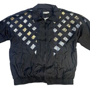 Vtg Euro Joy Black Metallic Gold Silver Foil Windbreaker Jacket Womens Medium